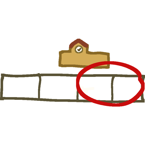 A white rectangle divided into four pieces, the last two pieces are circled. A school is above